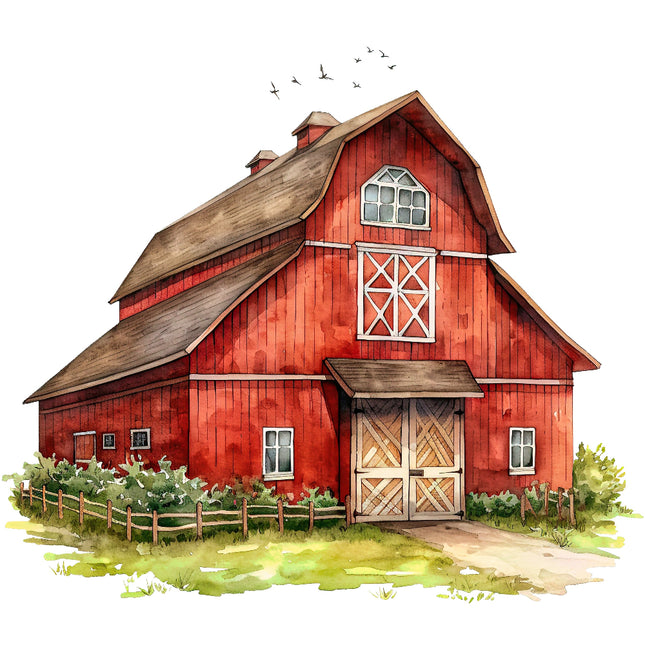 A fabric panel block featuring a digitally printed red barn fabric panel