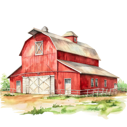 A digitally printed 100% cotton fabric panel featuring a red barn 