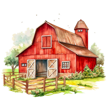 A fabric panel block depicting a red barn with an open gate, digitally printed on cotton material.
