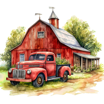 A fabric panel featuring a watercolor illustration of a red barn and an old red truck
