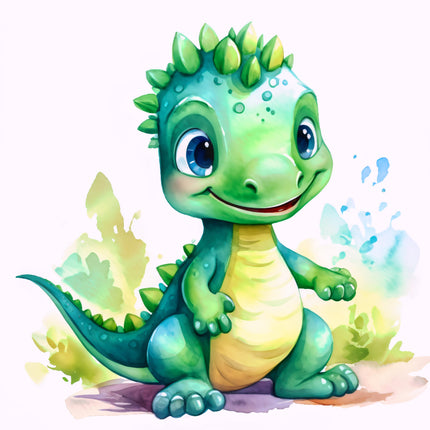 A digitally printed 100% cotton fabric panel featuring a cute baby dinosaur with green and yellow colors 