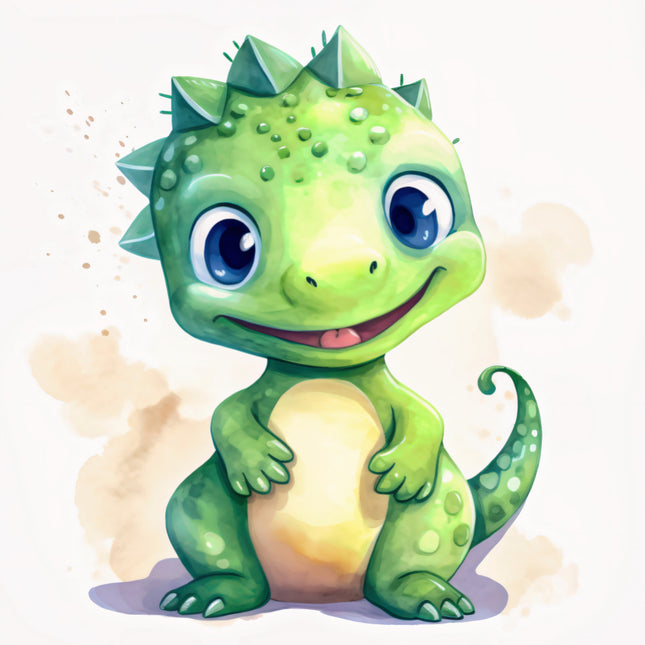 Cartoon green dinosaur with blue eyes cotton quilt block