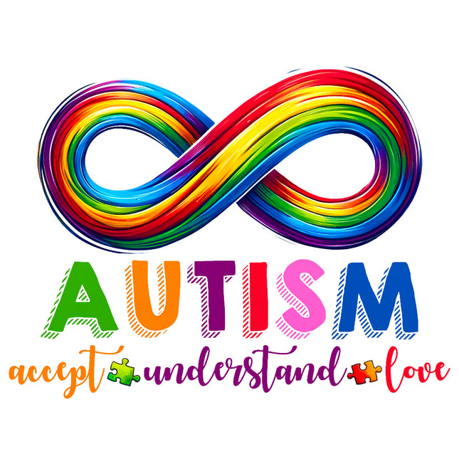 A colorful fabric panel block with a infinity symbol and the word 'AUTISM' alongside with the words 'accept', 'understand', 'love'. 