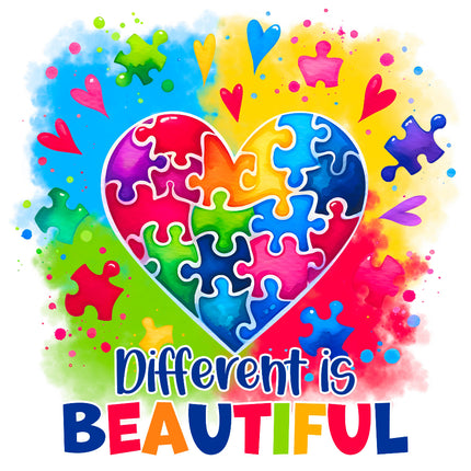 A colorful fabric panel block with puzzle piece shapes forming a heart and the text 'Different is BEAUTIFUL' across the center.