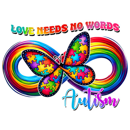 A colorful fabric panel block featuring a butterfly made from puzzle pieces and the text 'LOVE NEEDS NO WORDS Autism' on a rainbow background.