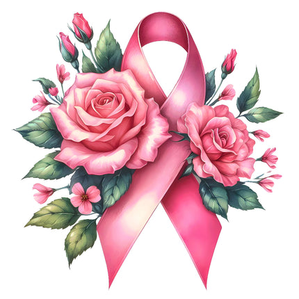 A fabric panel block featuring a pink ribbon with roses and green leaves.