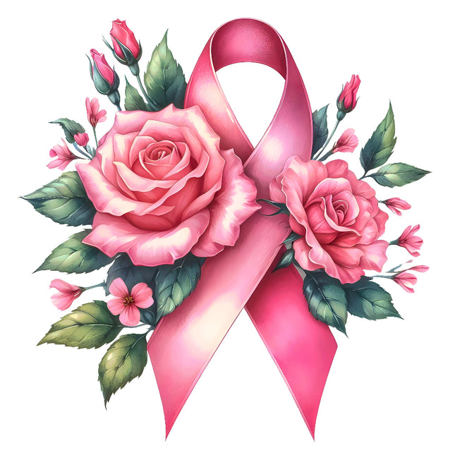 A fabric panel block featuring a pink ribbon with roses and green leaves.