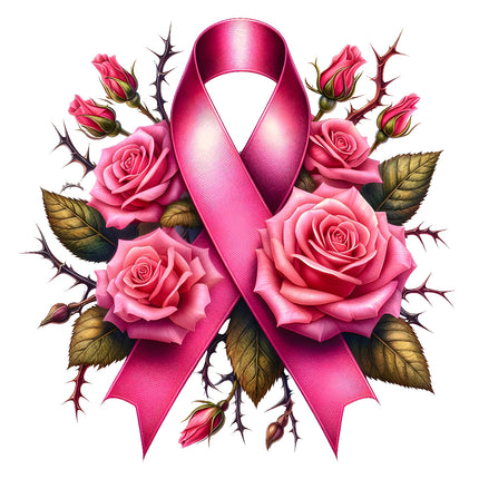 A fabric panel block featuring a pink ribbon surrounded by pink roses with green leaves