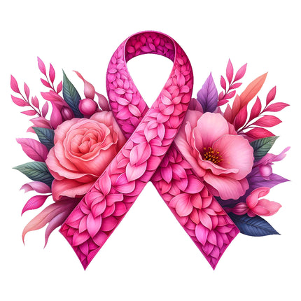 A fabric panel featuring a pink ribbon with floral designs fabric panel