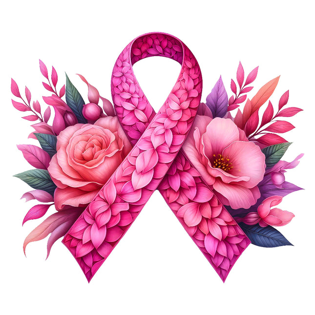 A fabric panel featuring a pink ribbon with floral designs fabric panel