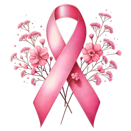 A fabric panel featuring a pink ribbon with floral designs, symbolizing breast cancer awareness.