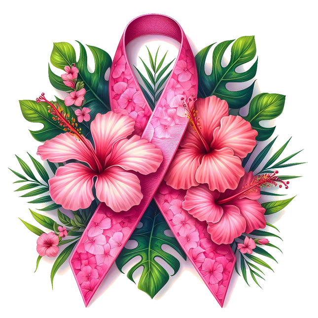 A fabric panel featuring a pink ribbon with floral patterns, including pink flowers and green leaves.