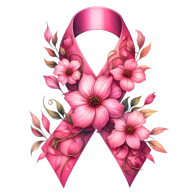 A pink ribbon-shaped fabric panel with a floral pattern, including pink flowers and green leaves.