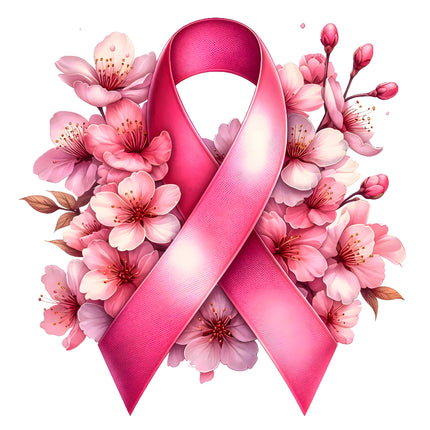 A fabric panel featuring a pink ribbon design with floral elements, symbolizing breast cancer awareness.