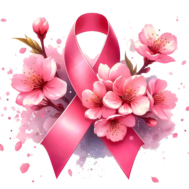 A fabric panel block featuring a pink ribbon with flowers