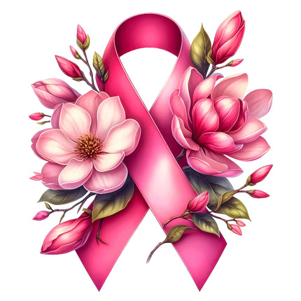 A pink ribbon-shaped fabric panel with a floral design, including pink flowers and leaves, intended for quilting and sewing.