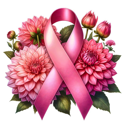 A fabric panel featuring a pink ribbon surrounded by pink dahlia flowers fabric panel