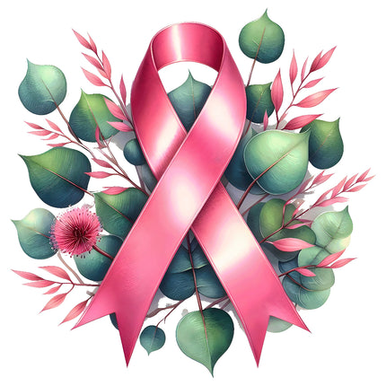 A fabric panel featuring a pink ribbon with a floral background, symbolizing breast cancer awareness.