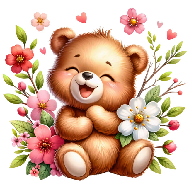 Cartoon bear surrounded by flowers and leaves cotton quilt block