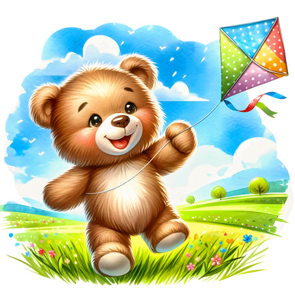A digitally printed 100% cotton fabric panel featuring a cheerful teddy bear holding a colorful kite, with a background of blue sky and green grass.