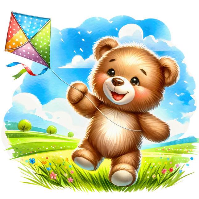 Cartoon teddy bear flying a colorful kite in a bright, colorful landscape cotton quilt block