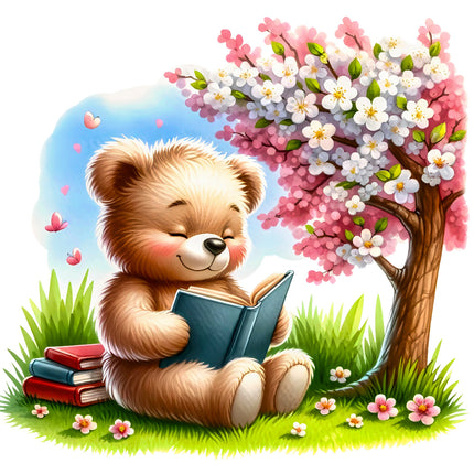 A fabric panel block featuring a teddy bear sitting on grass under a tree with pink flowers, reading a blue book.