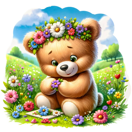 A digitally printed 100% cotton fabric panel featuring a teddy bear with a flower crown sitting on grass with colorful flowers around it.