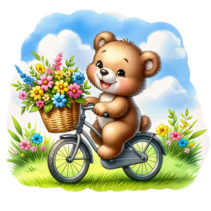A digitally printed 100% cotton fabric panel featuring a smiling teddy bear 