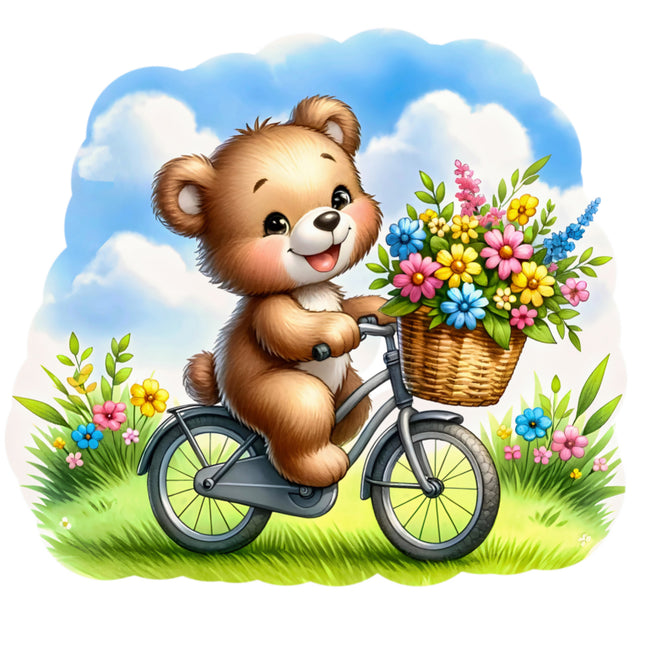 Cartoon bear riding a bicycle with a basket of flowers cotton quilt block
