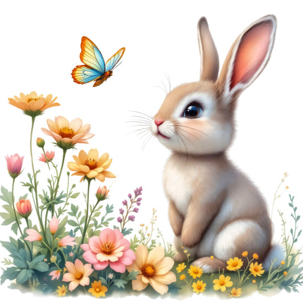 A digitally printed fabric panel featuring a beige bunny rabbit with flowers and a butterfly.