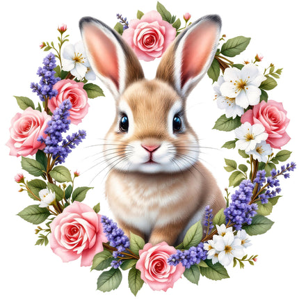 A fabric panel block featuring an illustration of a bunny rabbit with a floral border.