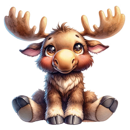 A digitally printed fabric panel featuring a cute stylized moose with large antlers, sitting and looking forward.