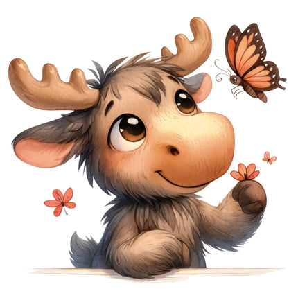 A digitally printed fabric panel featuring a cute moose with butterflies, designed for quilting and sewing.