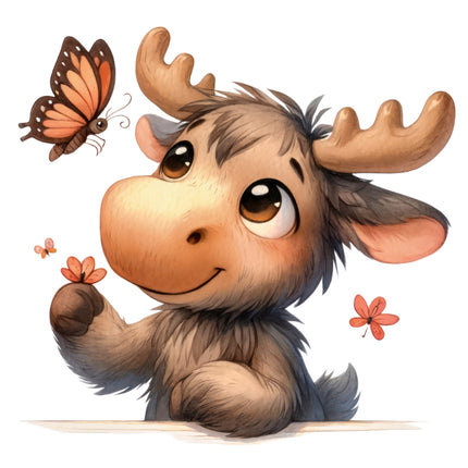 Cartoon moose with a butterfly and flowers cotton quilt block