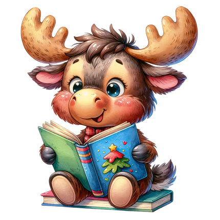 A digitally printed fabric panel featuring a cute moose sitting and reading a book.