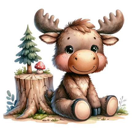 A digitally printed 100% cotton fabric panel featuring a cute cartoon moose quilt panel