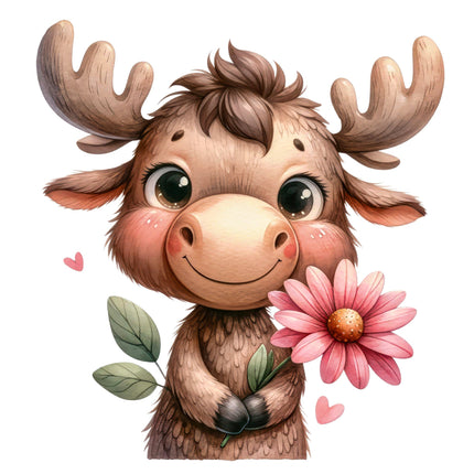 A digitally printed fabric panel featuring a cute moose with antlers, holding a pink flower, with leaves and hearts around it.