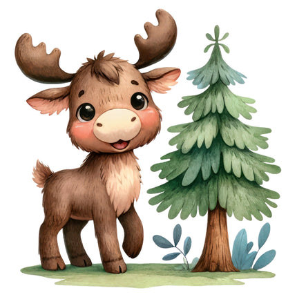 A digitally printed fabric panel featuring a cute moose standing next to a green pine tree with a blue sky in the background.