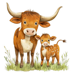 A digitally printed 100% cotton fabric panel featuring an adult Texas Longhorn cow and a calf standing in a grassy field.