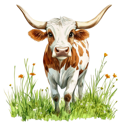 Texas Longhorn cow with white, brown, and beige colors fabric panel