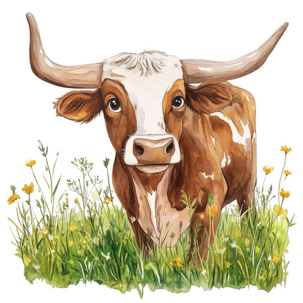 Watercolor illustration of a Texas Longhorn cow with white, brown, and beige colors, standing in a field with green grass and yellow flowers.