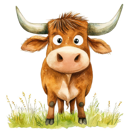 A digitally printed 100% cotton fabric panel featuring a cartoon-style Texas Longhorn cow with large eyes, standing on a grassy field background.