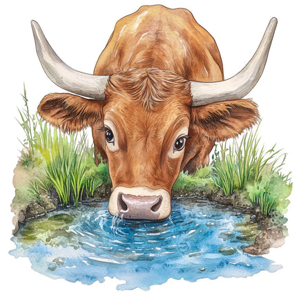 A fabric panel featuring a digitally printed image of a Texas Longhorn cow with large horns, standing by a water source surrounded by grass.