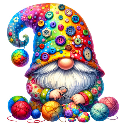 A colorful digital illustration of a gnome with a rainbow-striped hat quilt panel