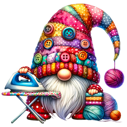 A colorful fabric panel featuring a whimsical gnome character with a sewing theme, including a hat with buttons, a beard, and a sewing machine.