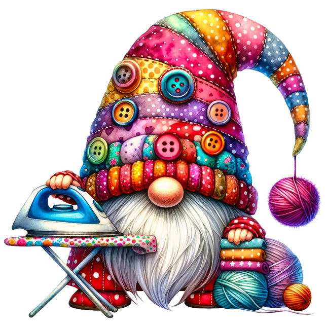 A colorful fabric panel featuring a whimsical gnome character with a sewing theme, including a hat with buttons, a beard, and a sewing machine.