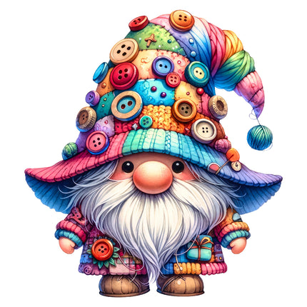A colorful fabric panel of a gnome with a patchwork design, featuring a hat with various buttons and a beard.