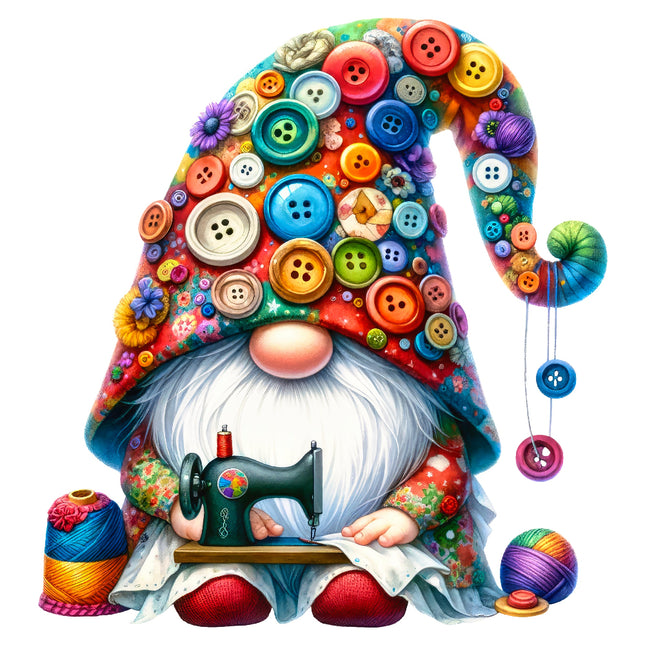 A colorful fabric panel featuring a sewing gnome with buttons, thread, and a sewing machine.