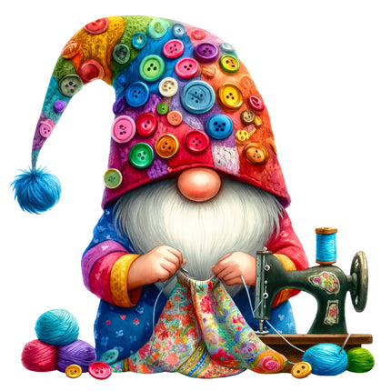 A colorful fabric panel block featuring a sewing gnome fabric panel