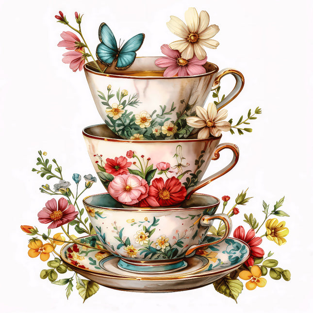 A stack of three teacups with floral patterns, including butterfiles and various flowers, on a white background.